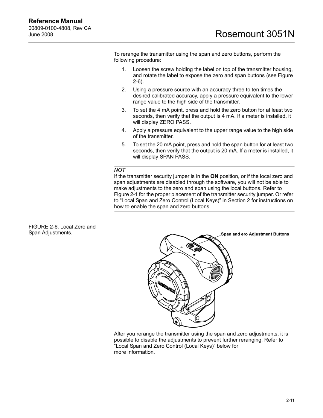 Emerson Process Management 3051N manual Span and Zero Adjustment Buttons 