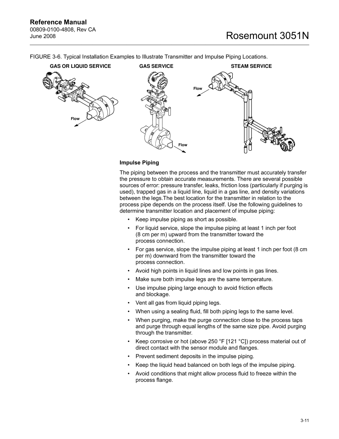 Emerson Process Management 3051N manual GAS or Liquid Service GAS Service Steam Service 