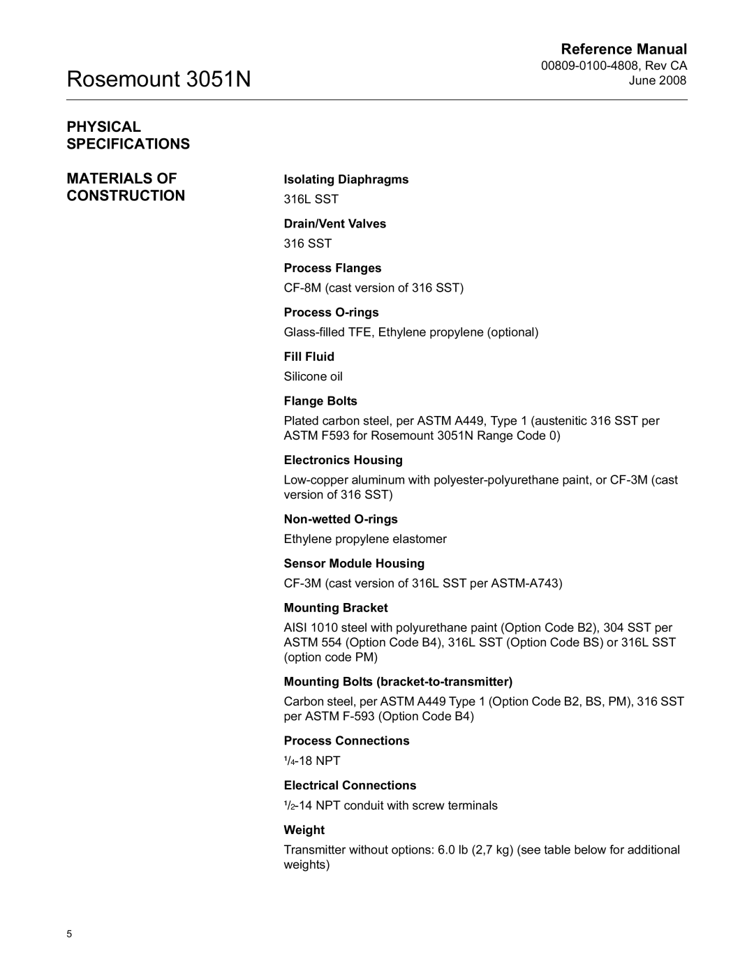 Emerson Process Management 3051N manual Physical Specifications Materials of Construction 