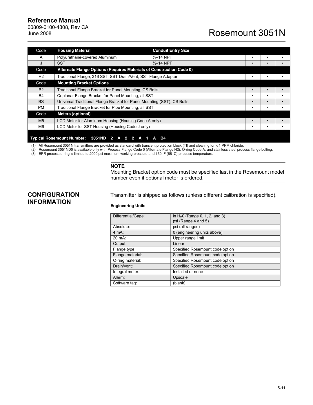 Emerson Process Management 3051N Configuration Information, Housing Material Conduit Entry Size, Mounting Bracket Options 