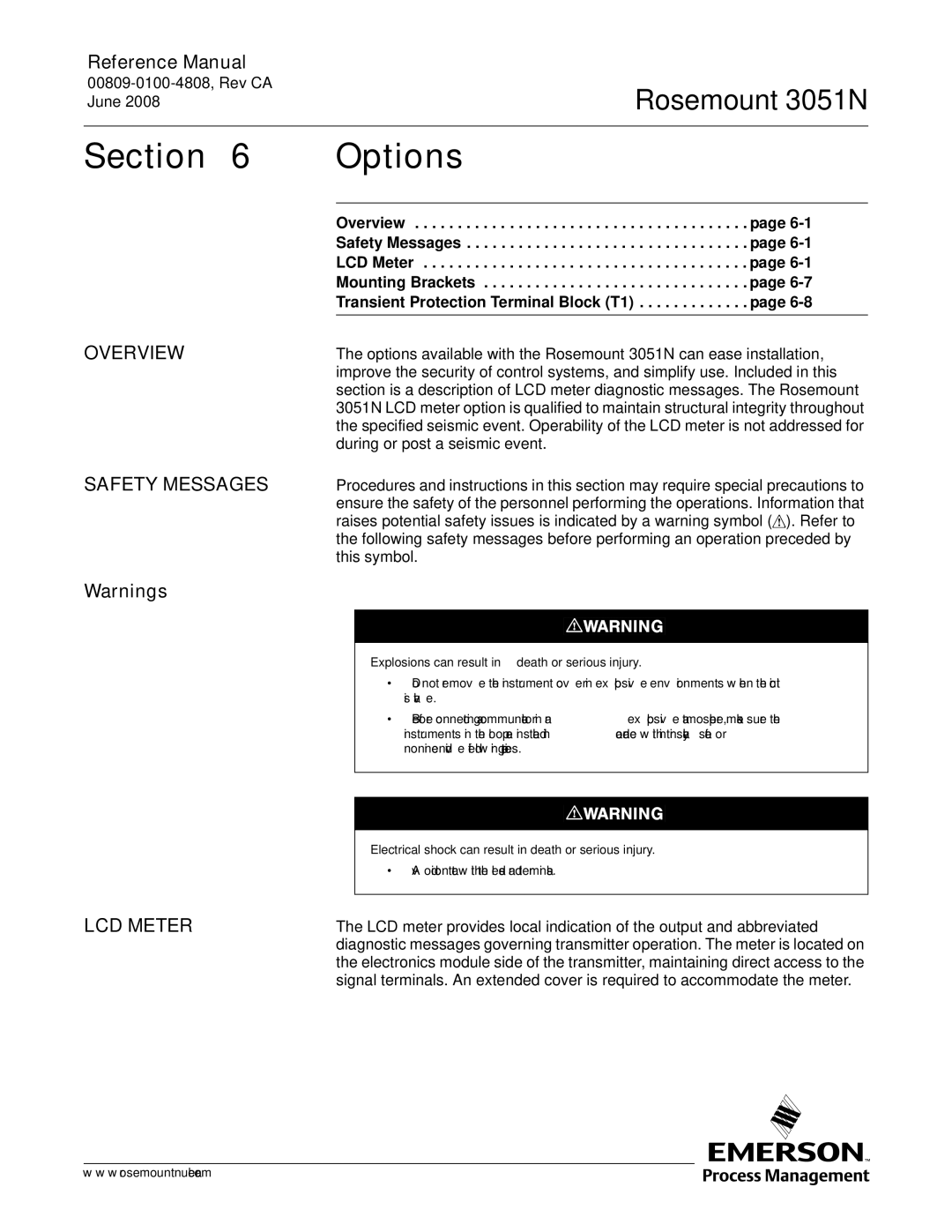 Emerson Process Management 3051N manual Section Options, Overview Safety Messages LCD Meter 