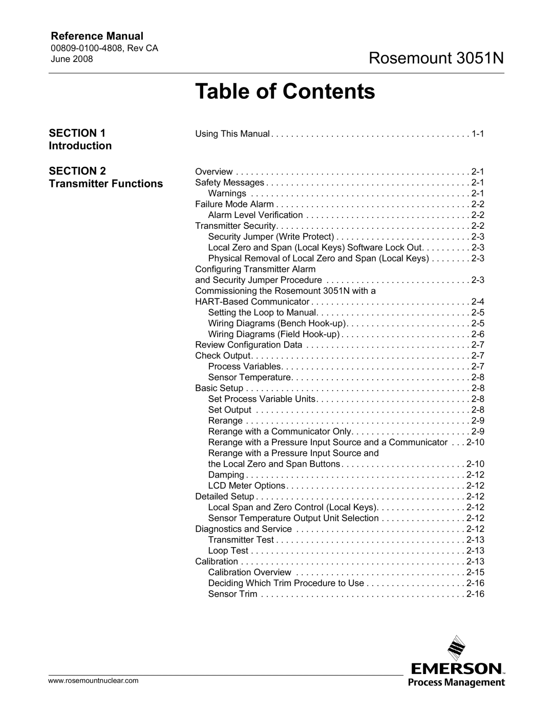 Emerson Process Management 3051N manual Table of Contents 