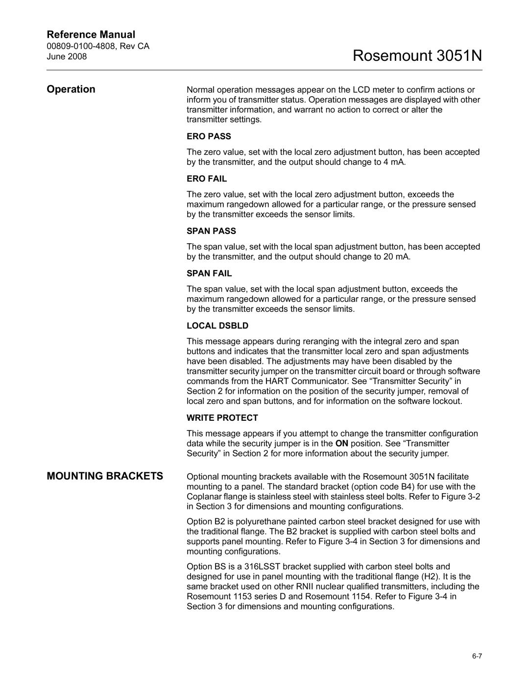 Emerson Process Management 3051N manual Operation, Mounting Brackets 