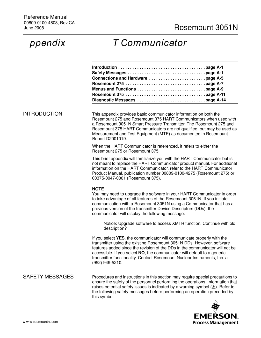 Emerson Process Management 3051N manual Appendix a Hart Communicator, Introduction Safety Messages 