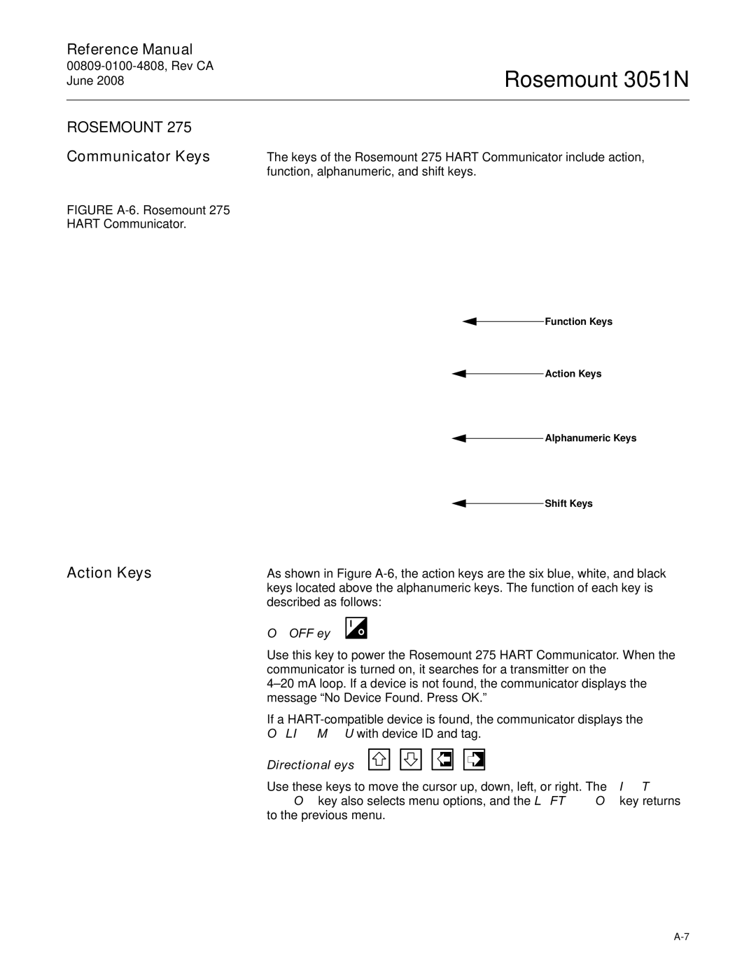 Emerson Process Management 3051N manual Rosemount, Communicator Keys, Action Keys 