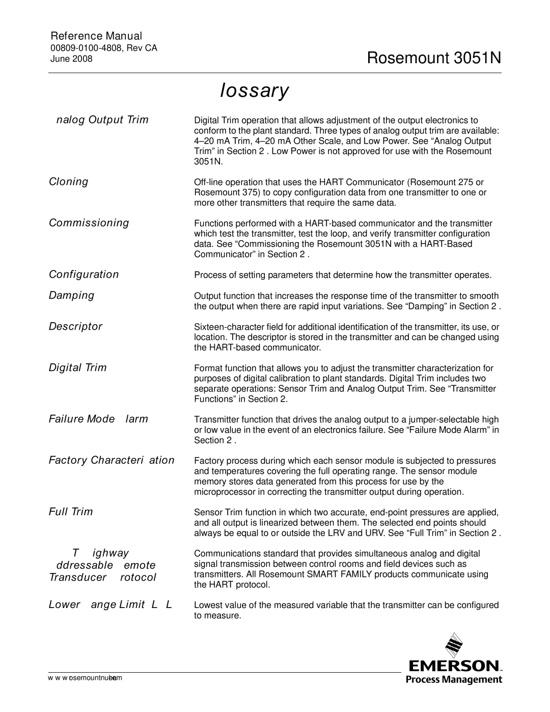 Emerson Process Management 3051N manual Glossary 