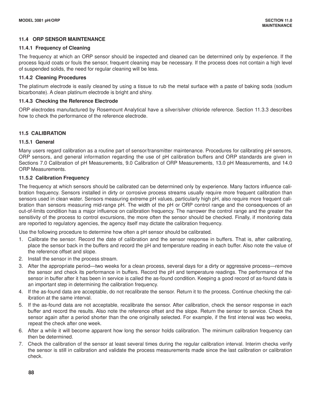 Emerson Process Management 3081 pH/ORP ORP Sensor Maintenance 11.4.1 Frequency of Cleaning, Calibration 11.5.1 General 