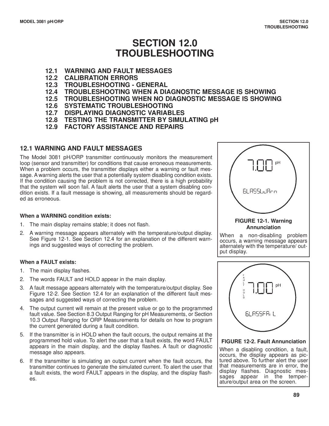 Emerson Process Management 3081 pH/ORP instruction manual Section Troubleshooting, Testing the Transmitter by Simulating pH 