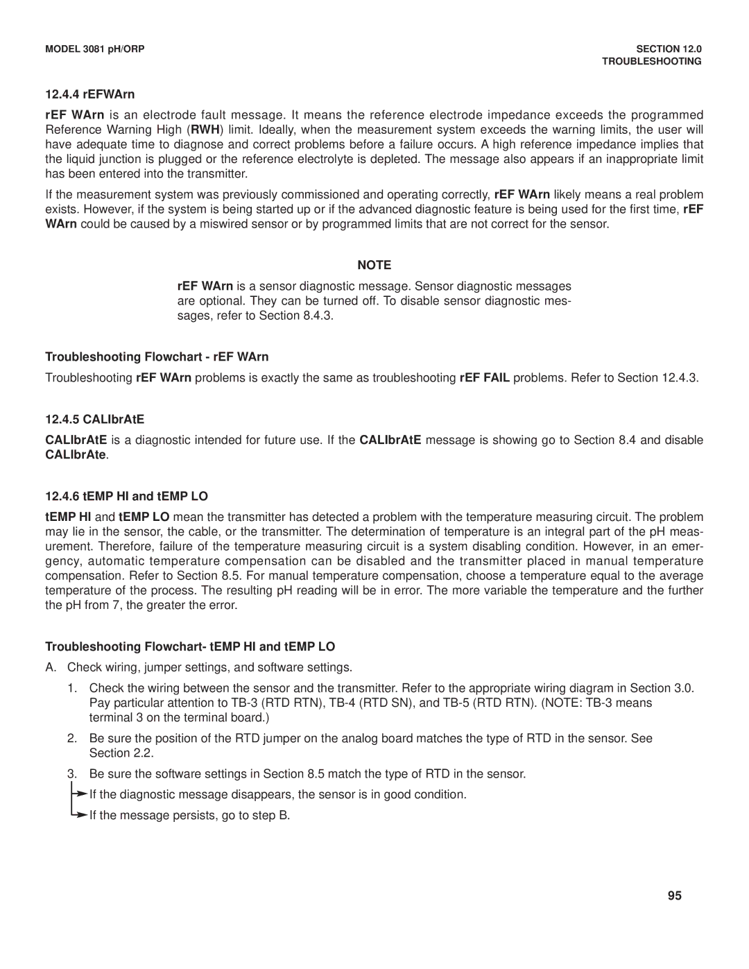 Emerson Process Management 3081 pH/ORP REFWArn, Troubleshooting Flowchart rEF WArn, CALIbrAtE, TEMP HI and tEMP LO 