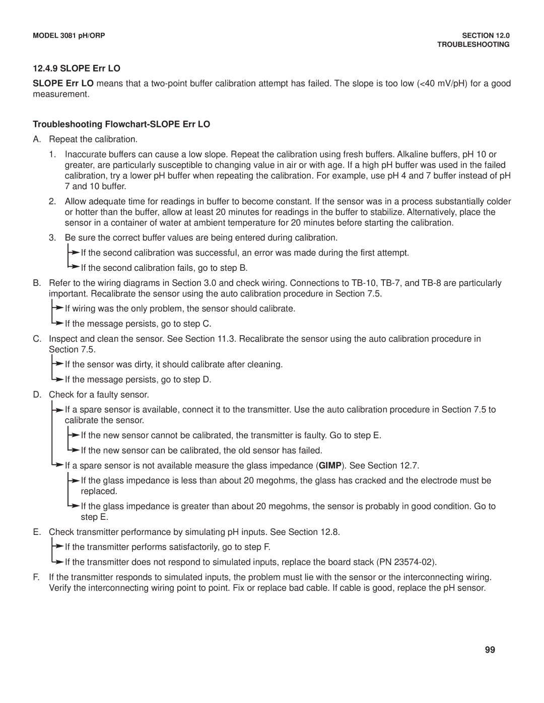 Emerson Process Management 3081 pH/ORP instruction manual Slope Err LO, Troubleshooting Flowchart-SLOPE Err LO 