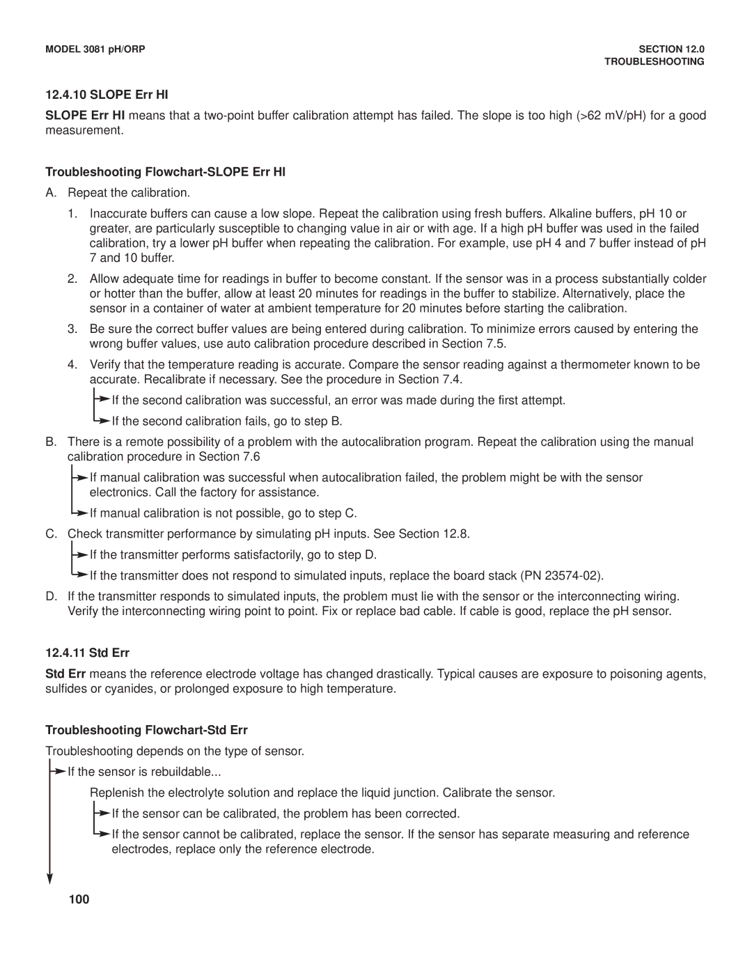 Emerson Process Management 3081 pH/ORP Slope Err HI, Troubleshooting Flowchart-SLOPE Err HI, Std Err, 100 