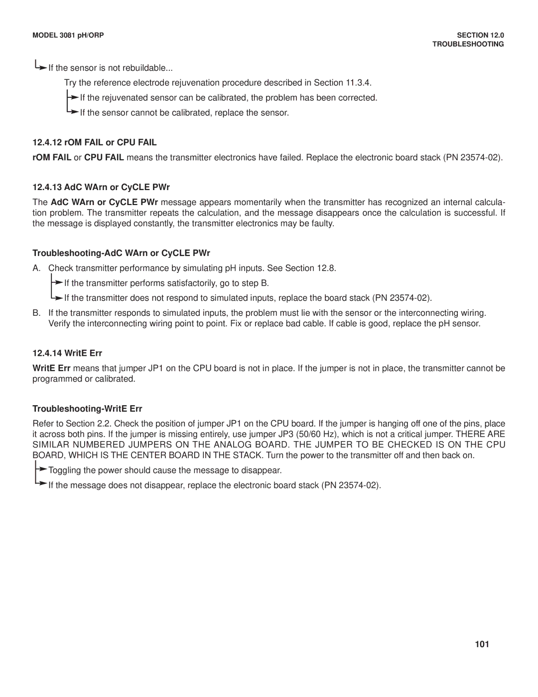 Emerson Process Management 3081 pH/ORP ROM Fail or CPU Fail, Troubleshooting-AdC WArn or CyCLE PWr, WritE Err, 101 