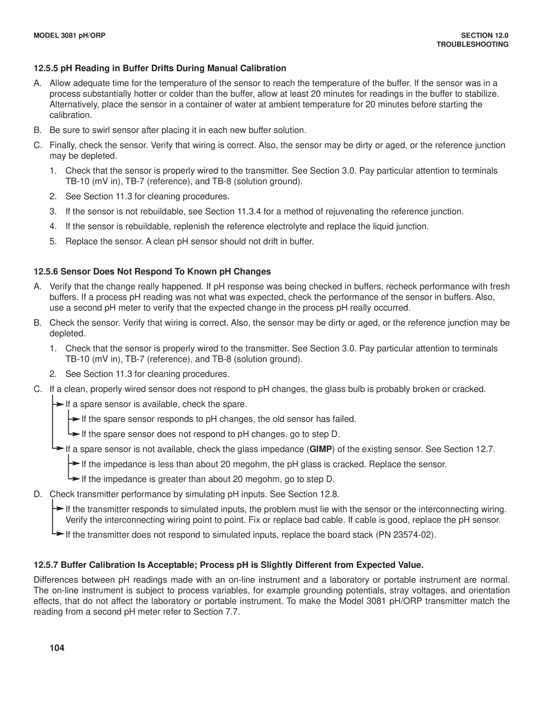 Emerson Process Management 3081 pH/ORP instruction manual PH Reading in Buffer Drifts During Manual Calibration, 104 