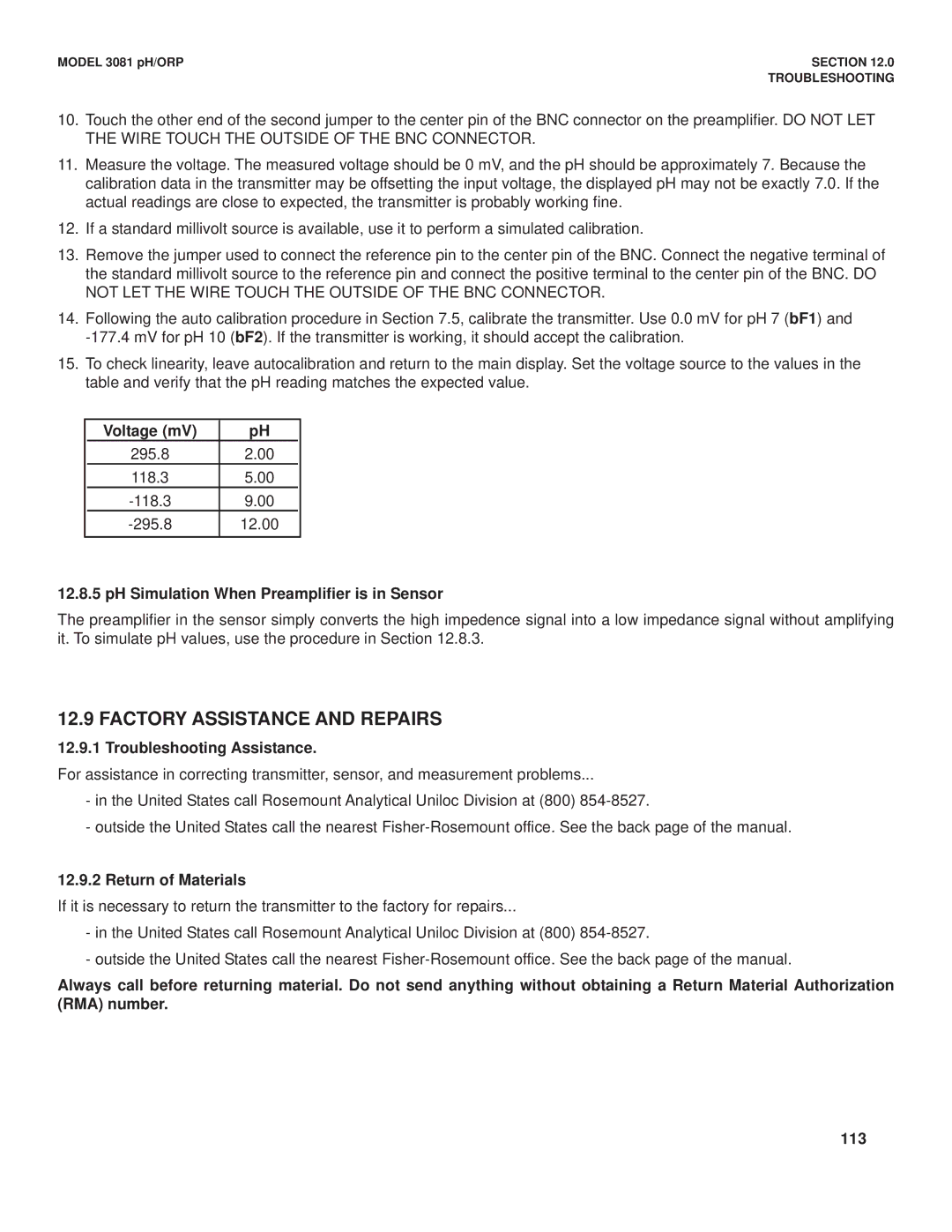 Emerson Process Management 3081 pH/ORP PH Simulation When Preamplifier is in Sensor, Troubleshooting Assistance 