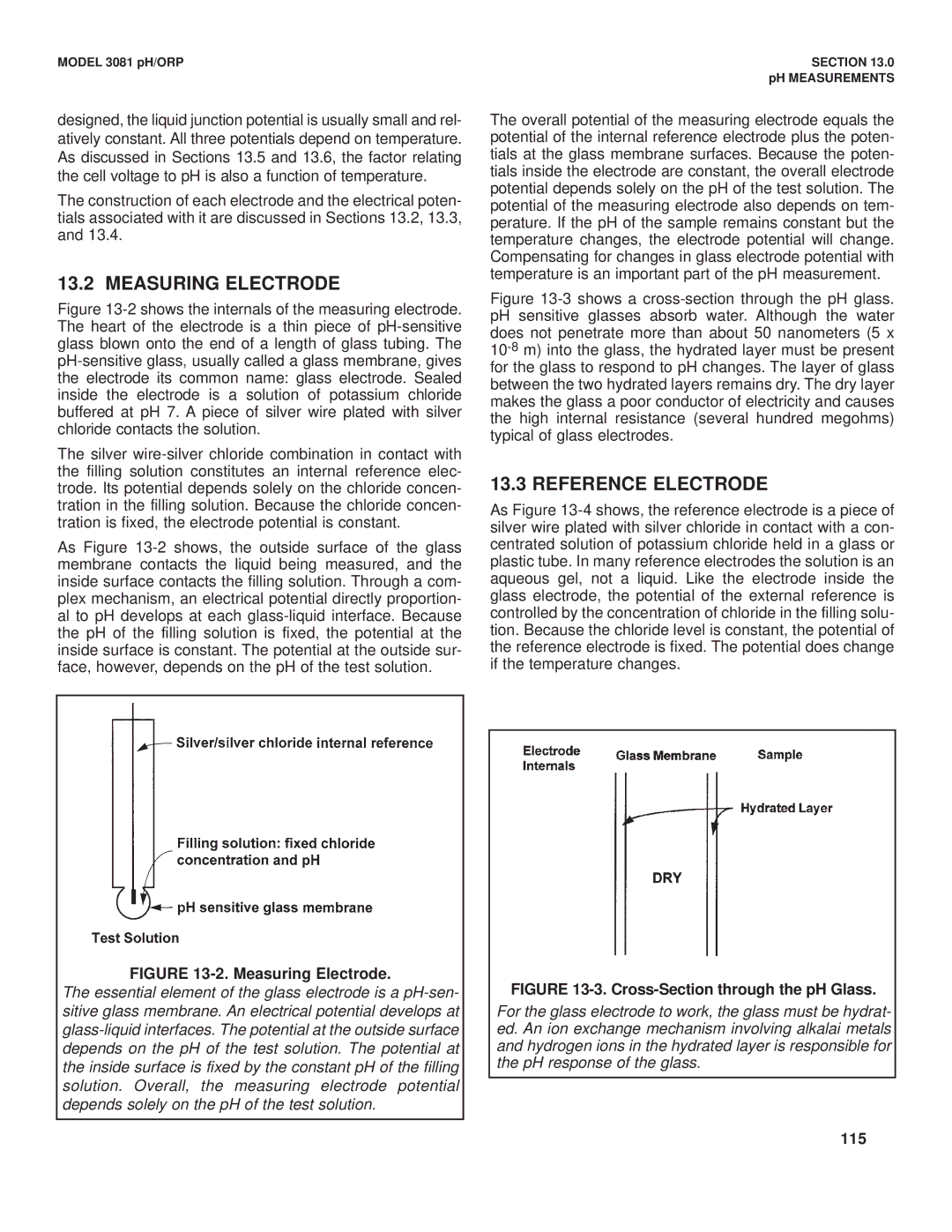 Emerson Process Management 3081 pH/ORP instruction manual Measuring Electrode, Reference Electrode, 115 