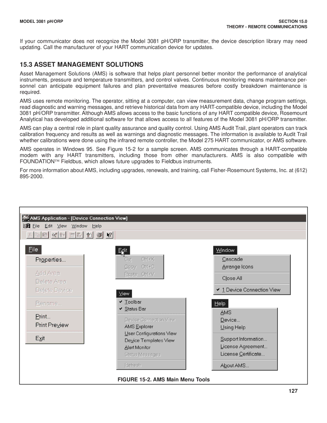 Emerson Process Management 3081 pH/ORP instruction manual Asset Management Solutions, AMS Main Menu Tools 127 