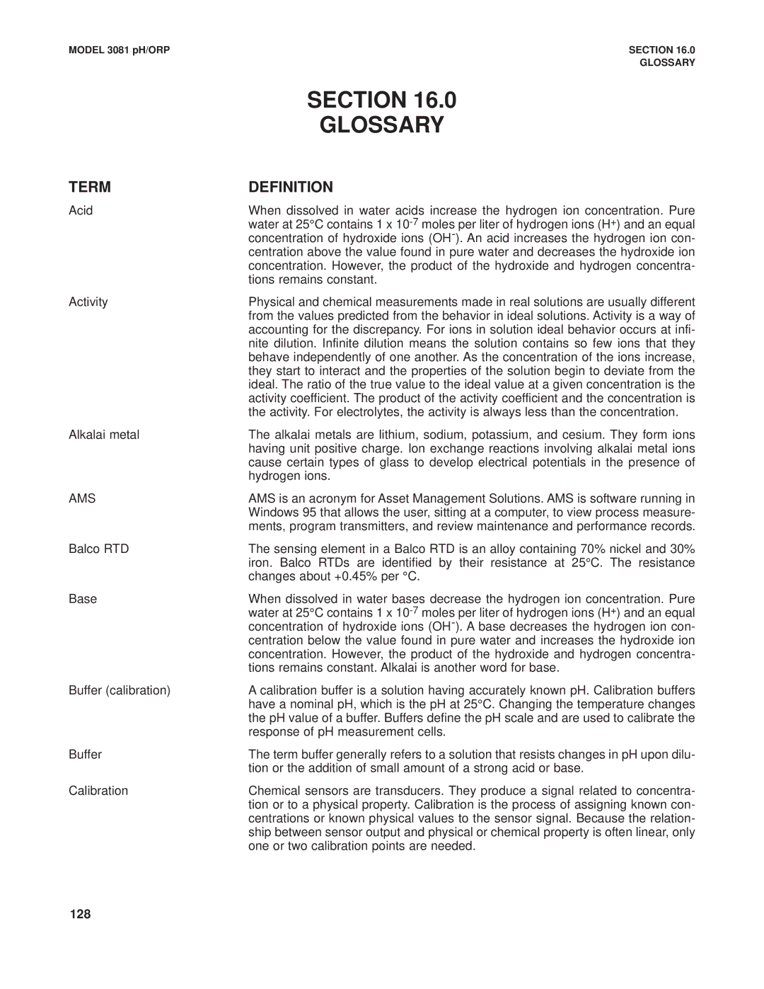 Emerson Process Management 3081 pH/ORP instruction manual Section Glossary, Term Definition 