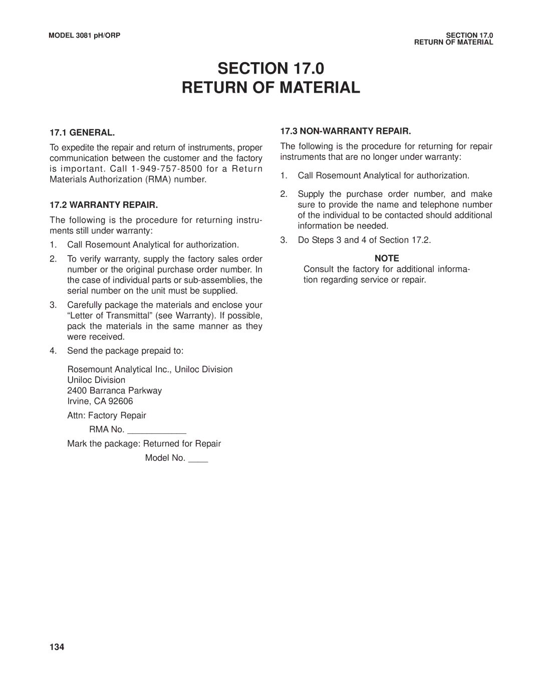 Emerson Process Management 3081 pH/ORP instruction manual Section Return of Material, Warranty Repair, NON-WARRANTY Repair 