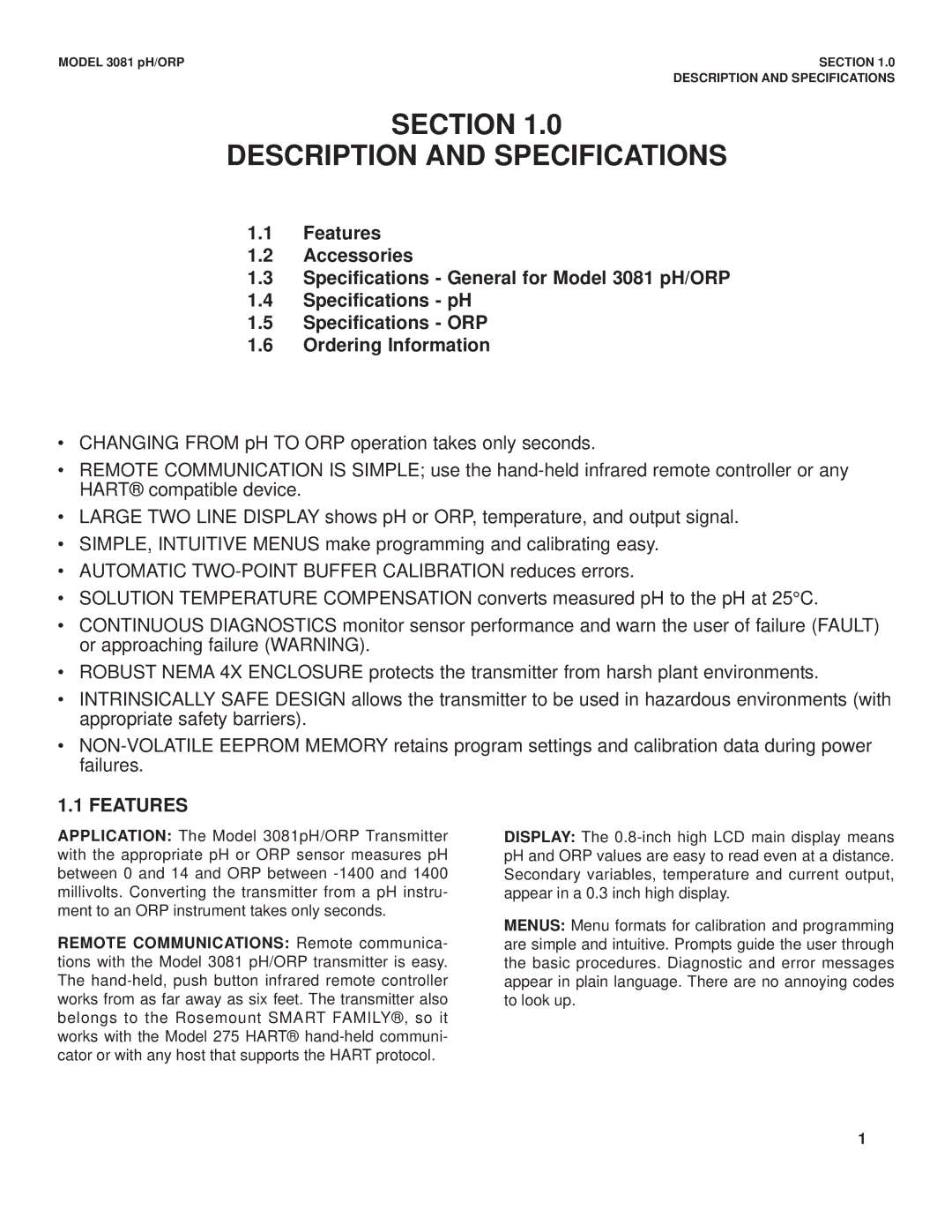 Emerson Process Management 3081 pH/ORP instruction manual Section, Description and Specifications, Features 