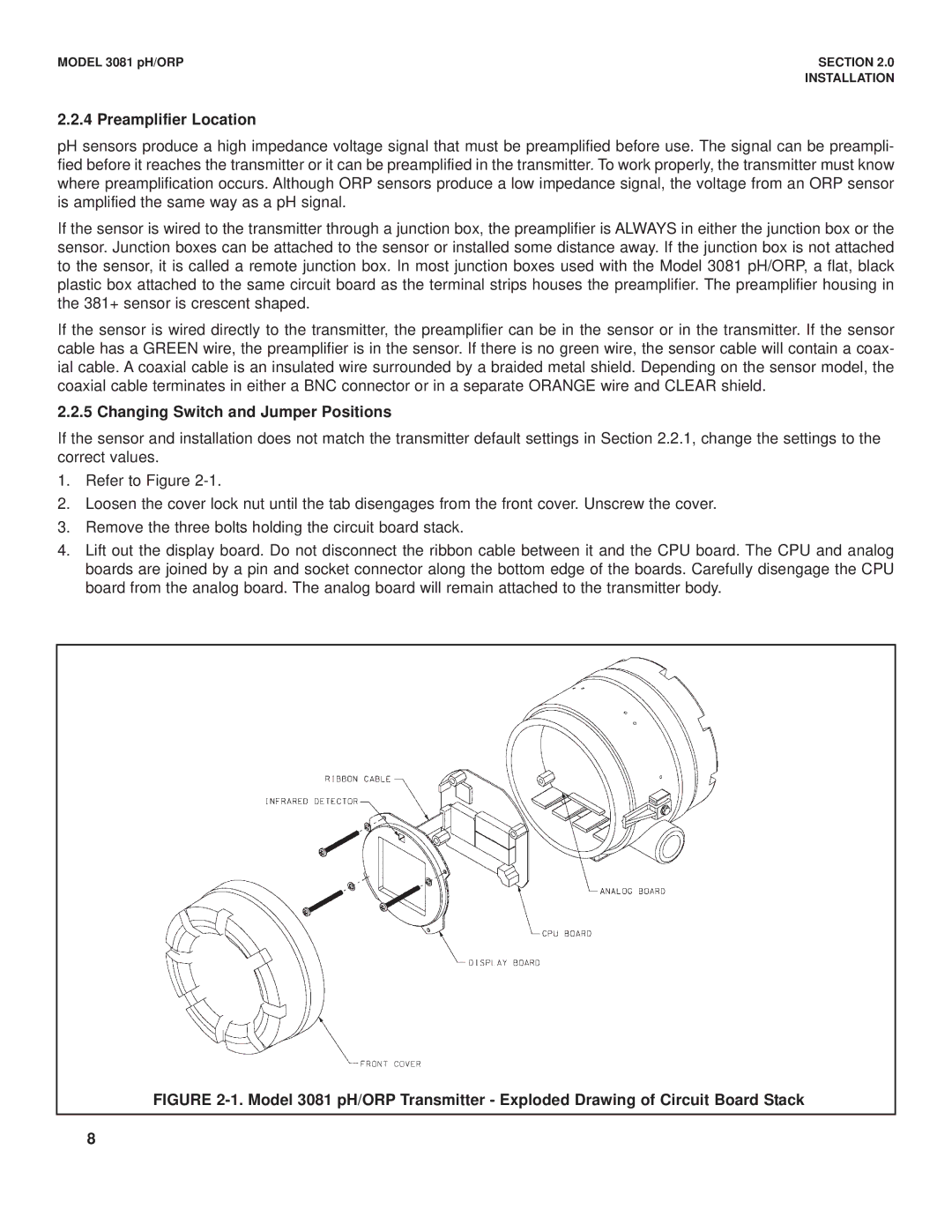 Emerson Process Management 3081 pH/ORP instruction manual Preamplifier Location, Changing Switch and Jumper Positions 