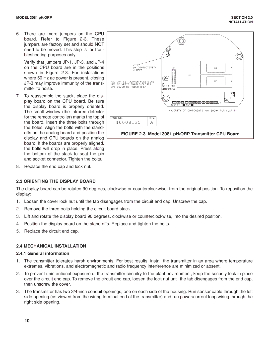 Emerson Process Management 3081 pH/ORP Orienting the Display Board, Mechanical Installation 2.4.1 General information 