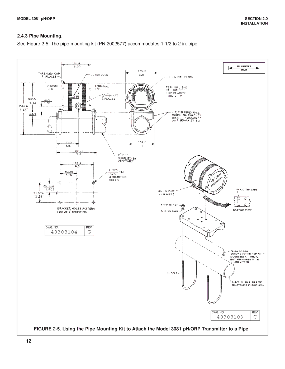 Emerson Process Management 3081 pH/ORP instruction manual 40308103, Pipe Mounting 