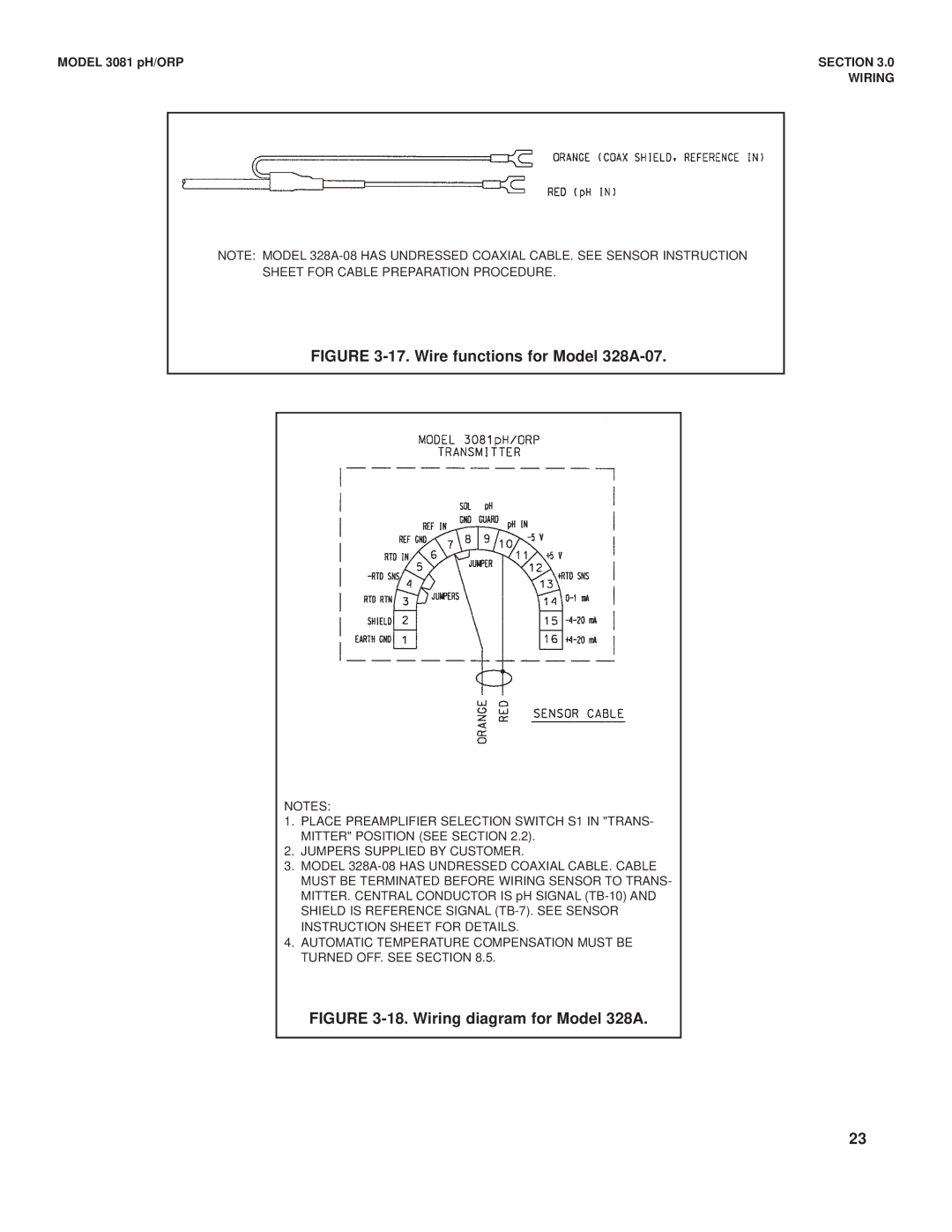 Emerson Process Management 3081 pH/ORP instruction manual Wire functions for Model 328A-07 