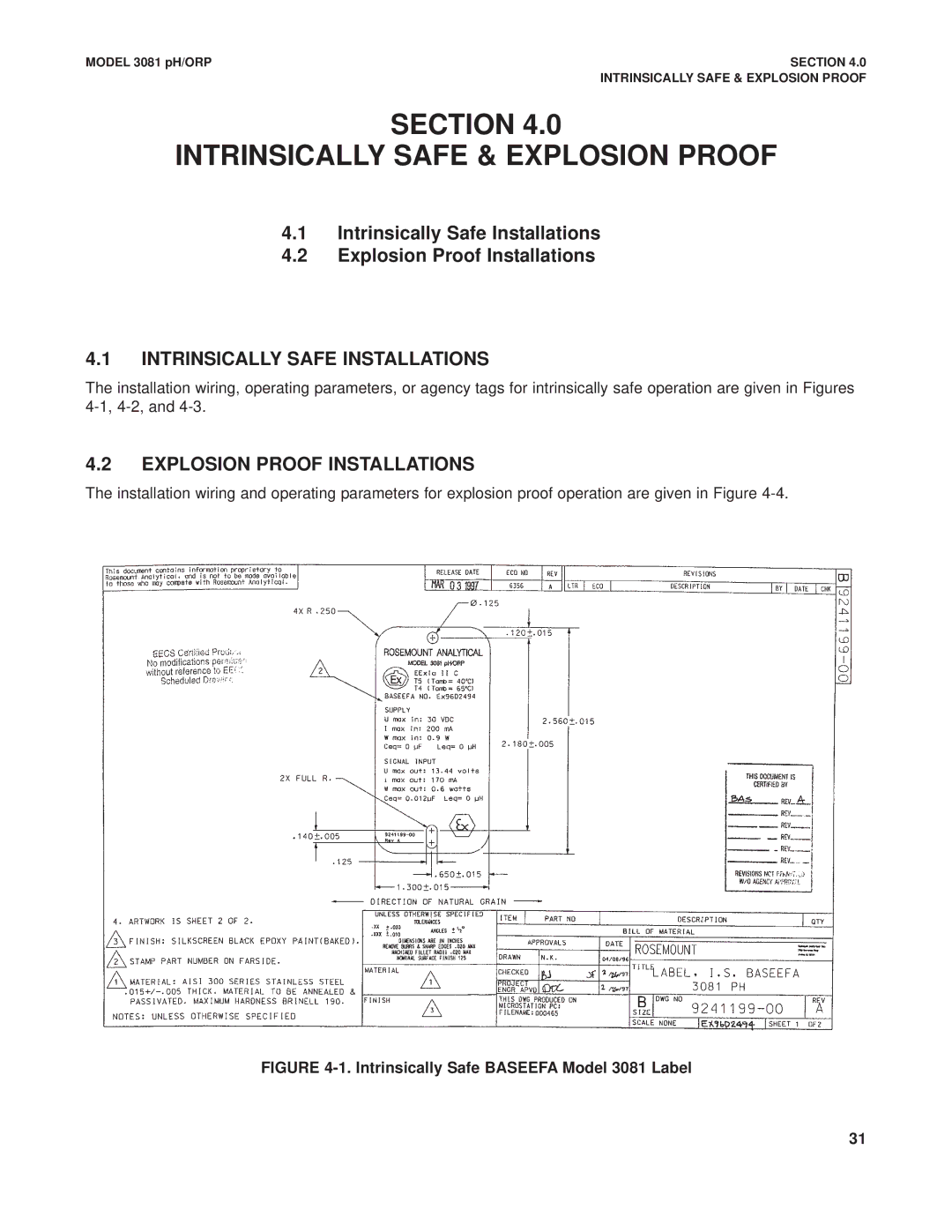 Emerson Process Management 3081 pH/ORP Section Intrinsically Safe & Explosion Proof, Intrinsically Safe Installations 