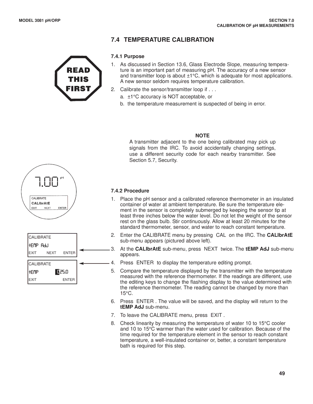 Emerson Process Management 3081 pH/ORP instruction manual Temperature Calibration, Purpose, TEMP AdJ, Procedure 