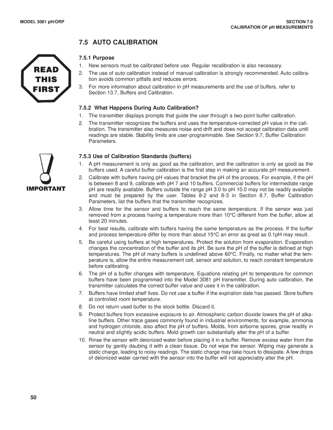 Emerson Process Management 3081 pH/ORP What Happens During Auto Calibration?, Use of Calibration Standards buffers 