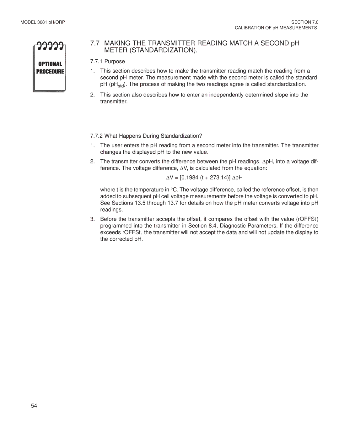 Emerson Process Management 3081 pH/ORP Making the Transmitter Reading Match a Second pH, Meter Standardization 