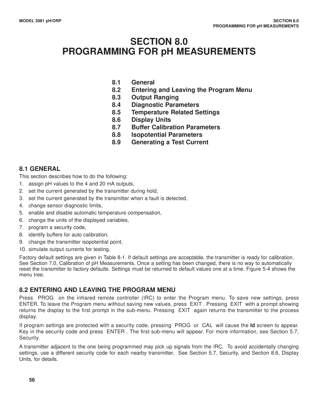 Emerson Process Management 3081 pH/ORP Programming for pH Measurements, Entering and Leaving the Program Menu 