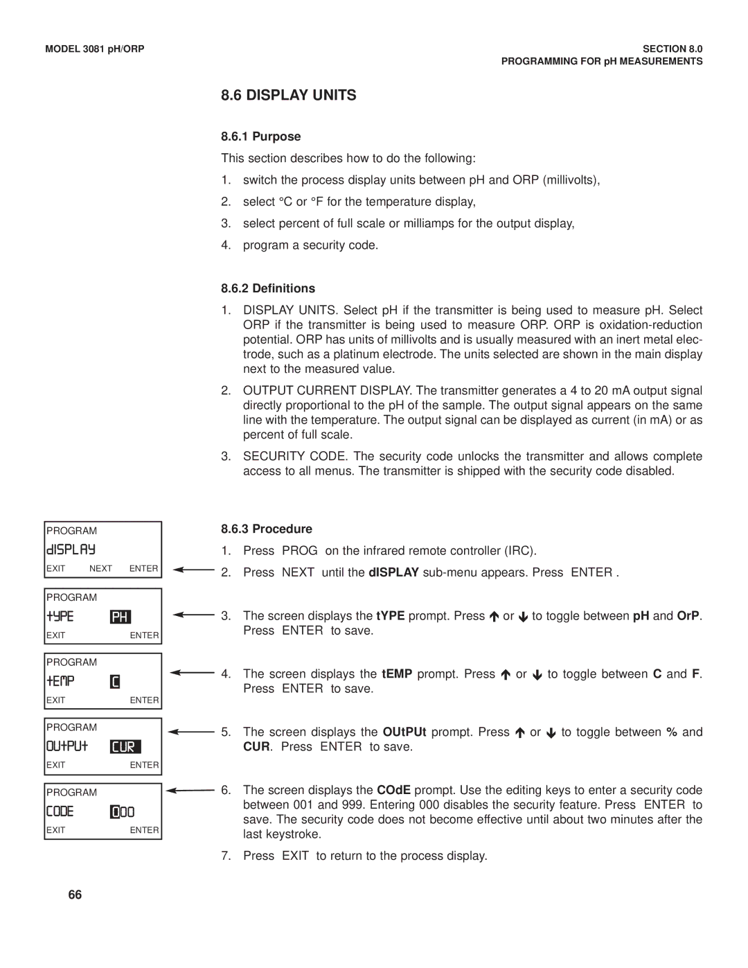 Emerson Process Management 3081 pH/ORP instruction manual Display Units, Type, Code 