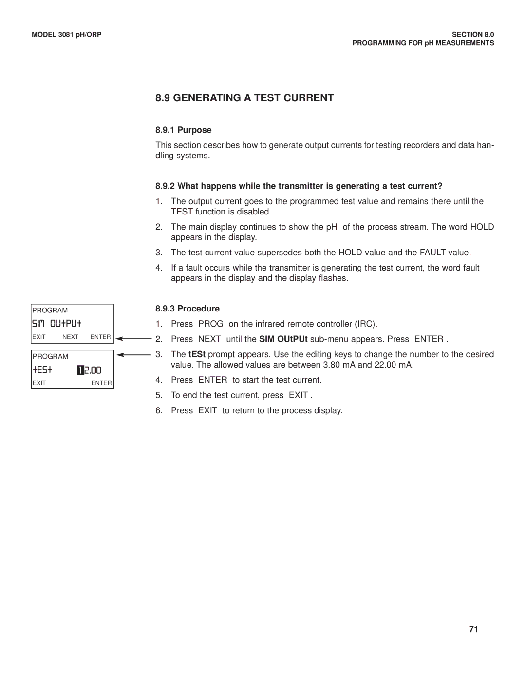 Emerson Process Management 3081 pH/ORP instruction manual Generating a Test Current, SIM OUtPUt, TESt 