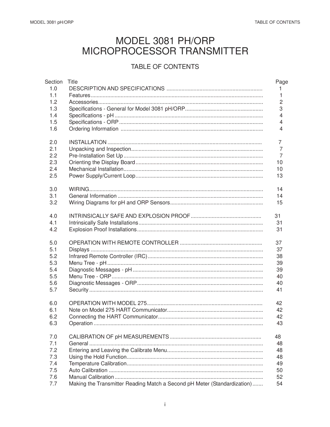 Emerson Process Management 3081 pH/ORP instruction manual Model 3081 PH/ORP Microprocessor Transmitter, Table of Contents 