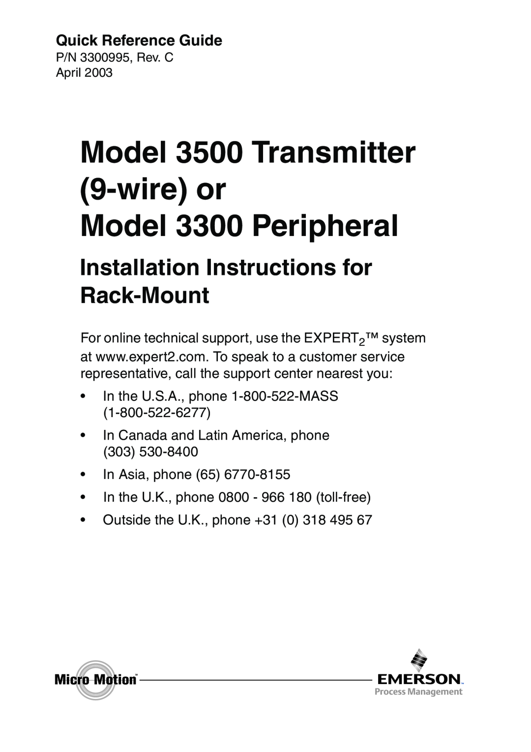 Emerson Process Management installation instructions Model 3500 Transmitter 9-wireor, Model 3300 Peripheral 