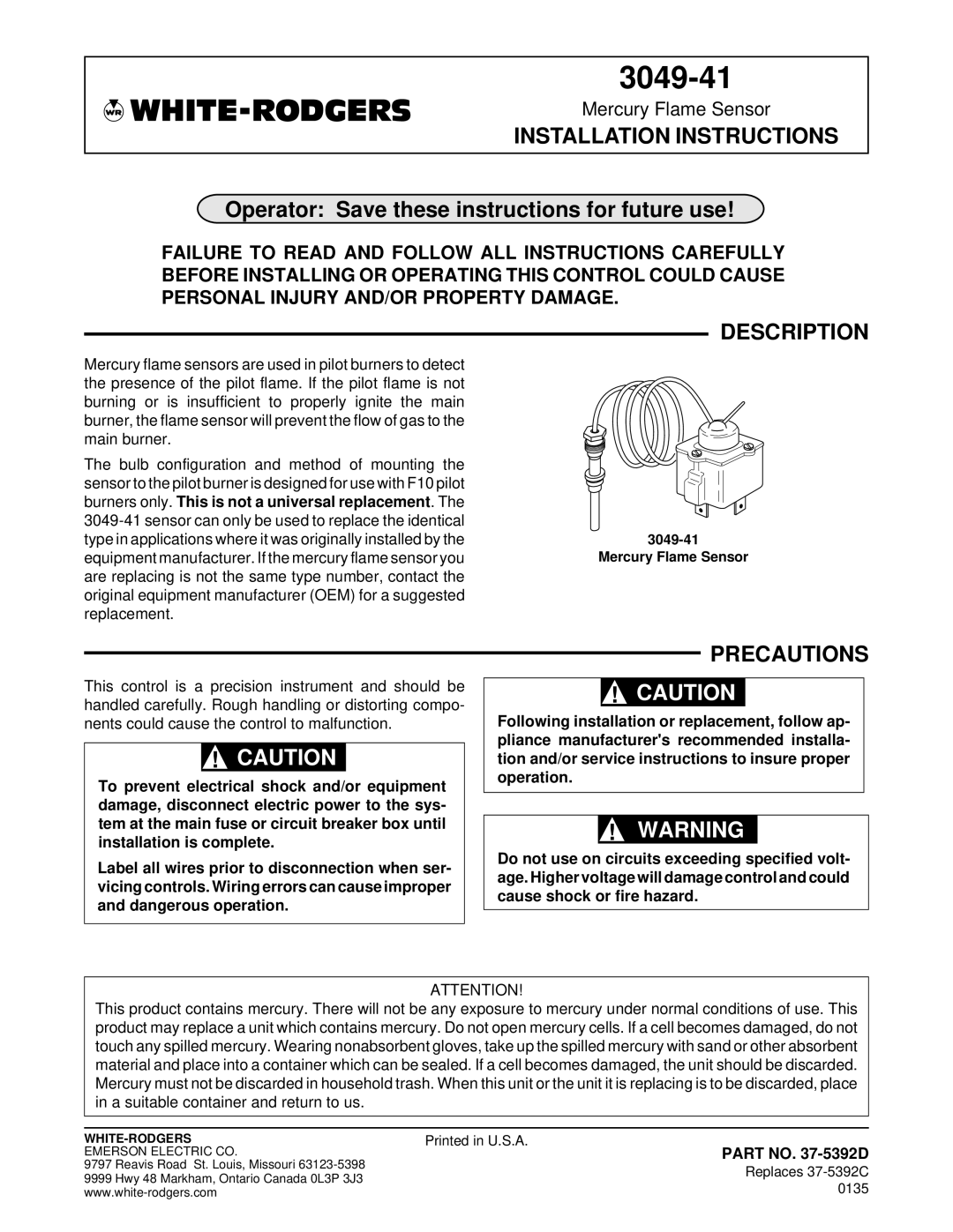 Emerson Process Management 37-5392D installation instructions Installation Instructions, Description, Precautions 