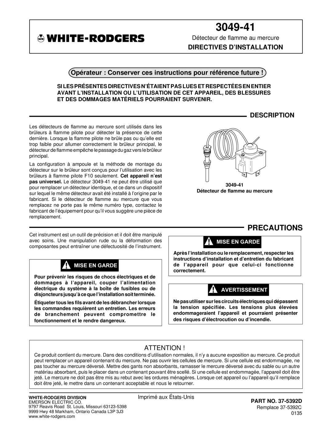 Emerson Process Management 37-5392D installation instructions Directives D’INSTALLATION 