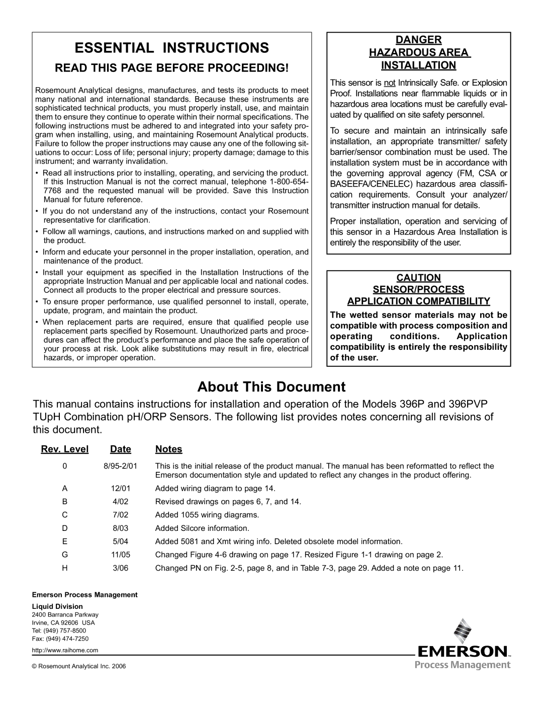 Emerson Process Management 396PVP instruction manual Essential Instructions, Hazardous Area Installation 