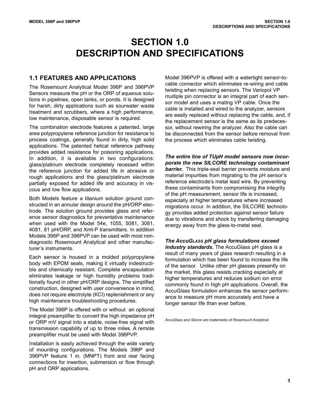 Emerson Process Management 396PVP instruction manual Section Description and Specifications, Features and Applications 