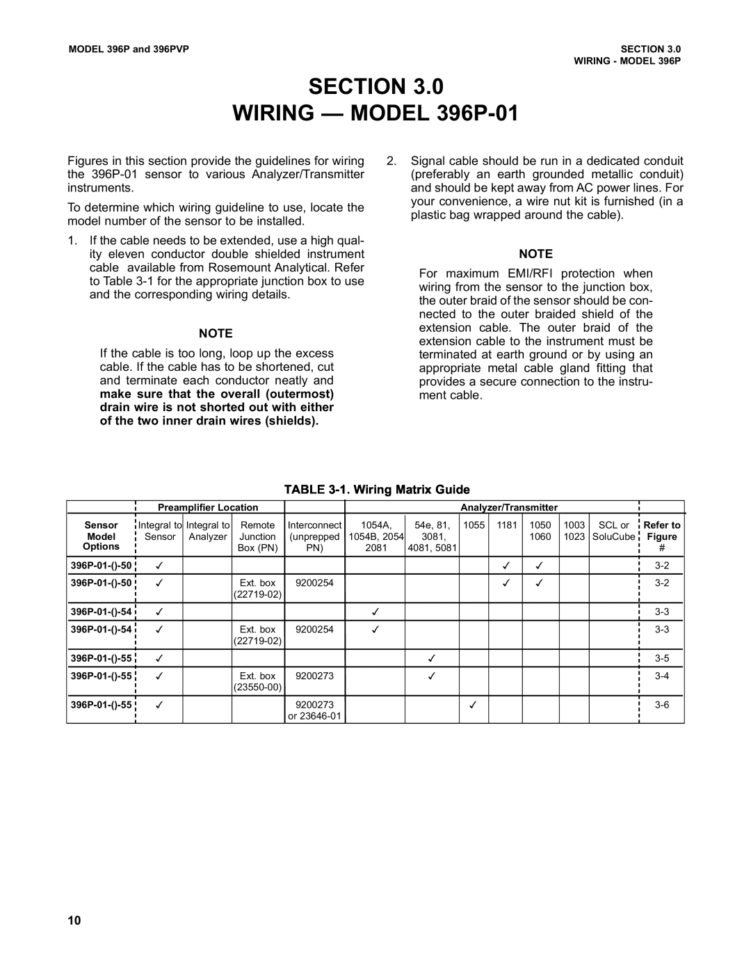 Emerson Process Management 396PVP instruction manual SECTION WIRING - MODEL 396P-01, 1.Wiring Matrix Guide 