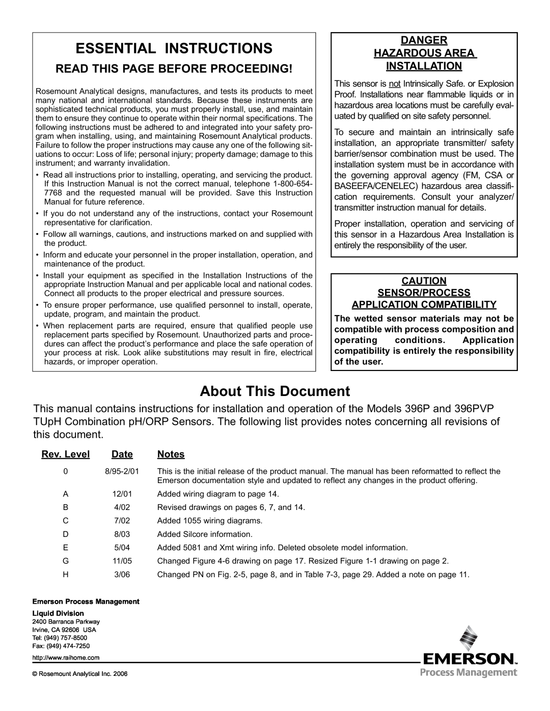 Emerson Process Management 396PVP Essential Instructions, About This Document, Danger Hazardous Area Installation, Date 