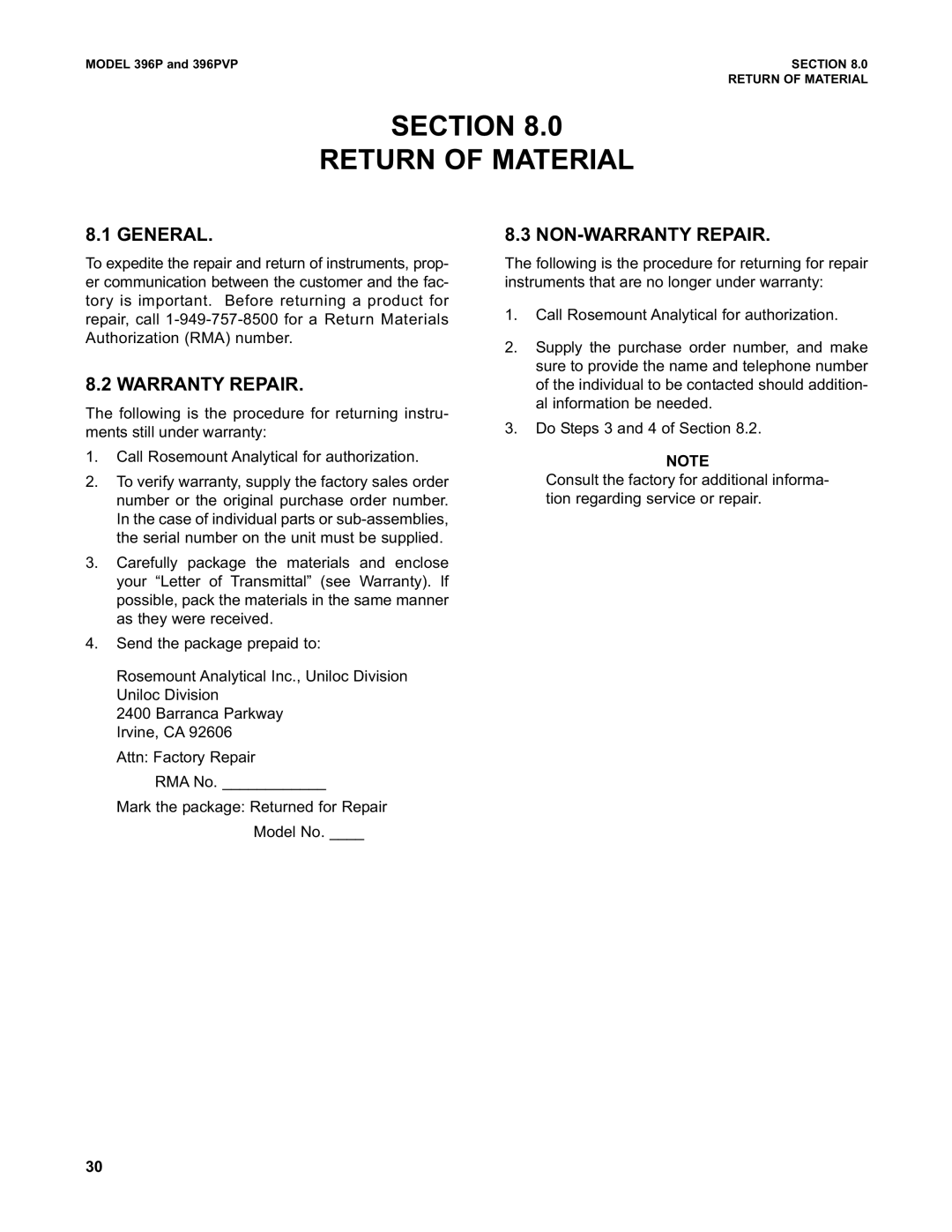 Emerson Process Management 396PVP Section Return Of Material, General, Warranty Repair, Non-Warrantyrepair 