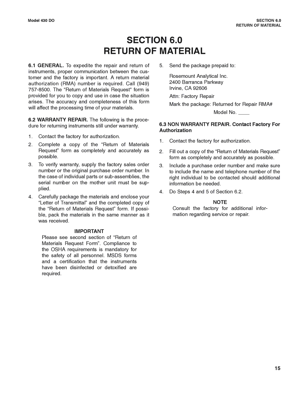 Emerson Process Management 430 DO Section Return of Material, NON Warranty REPAIR. Contact Factory For Authorization 