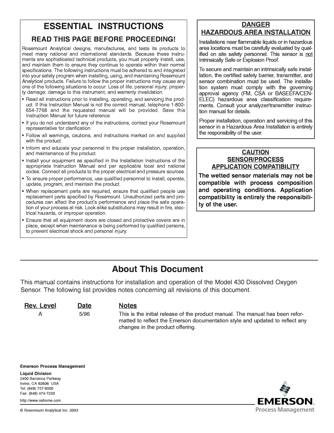 Emerson Process Management 430 DO instruction manual Essential Instructions, Hazardous Area Installation 