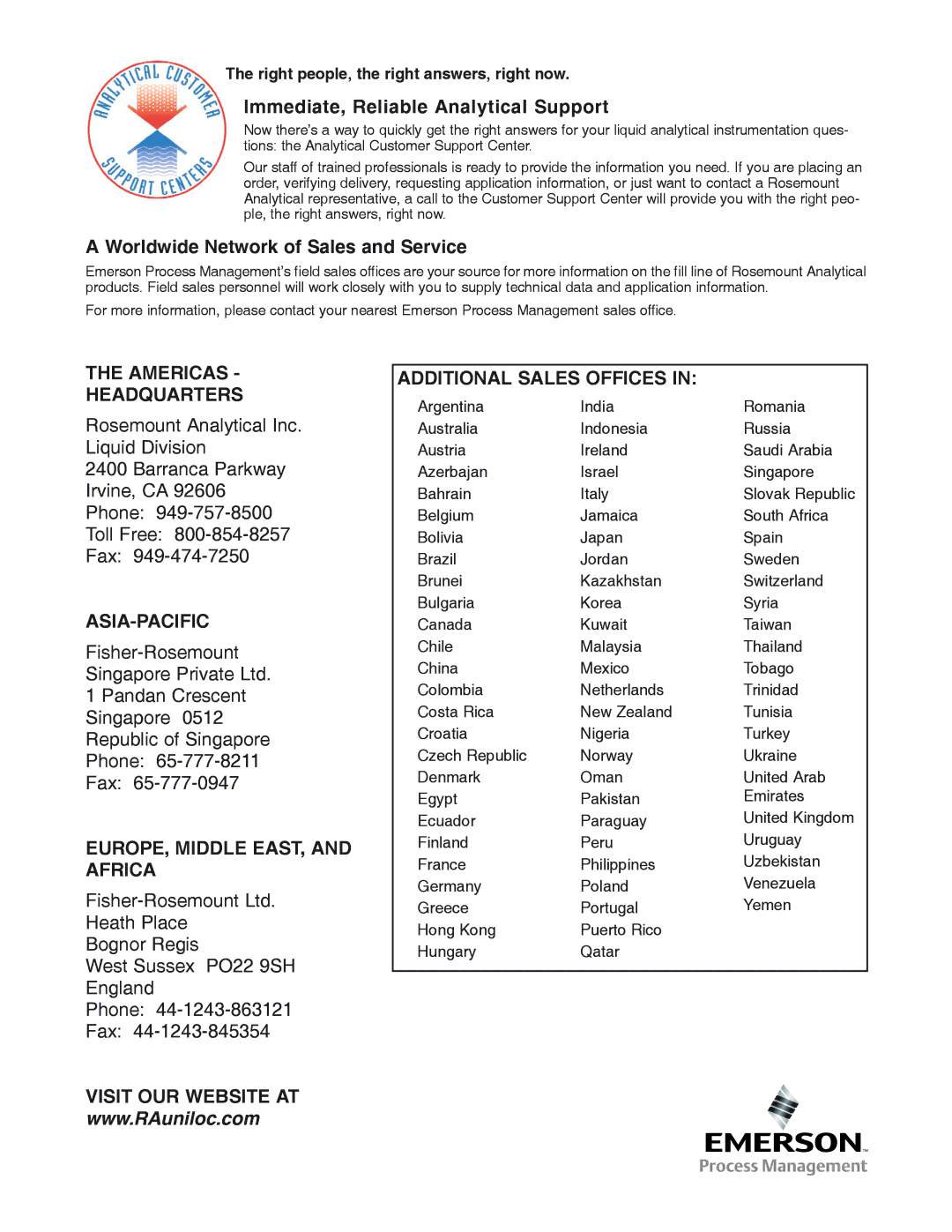 Emerson Process Management 430 DO instruction manual Americas Headquarters, Asia-Pacific, EUROPE, Middle EAST, and Africa 