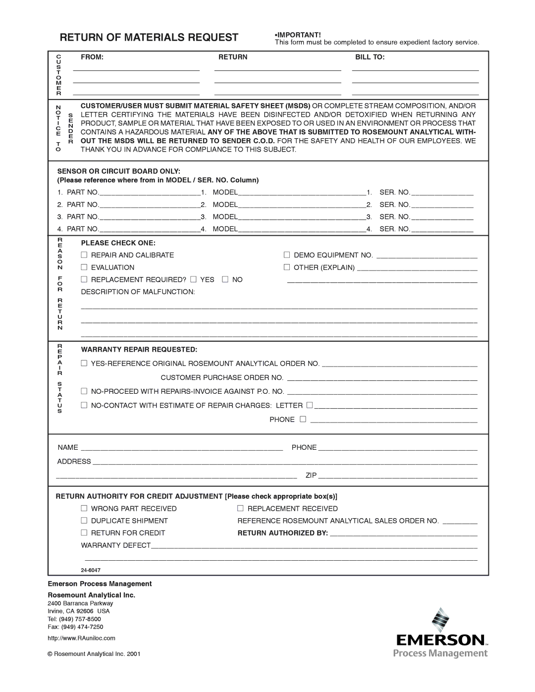 Emerson Process Management 430 DO instruction manual Return of Materials Request, Sensor or Circuit Board only 