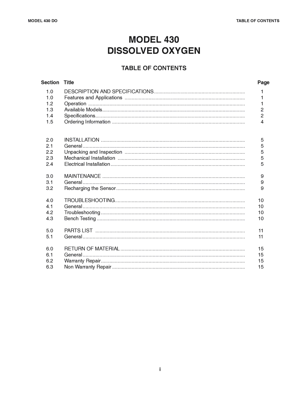 Emerson Process Management 430 DO instruction manual Model Dissolved Oxygen, Table of Contents 