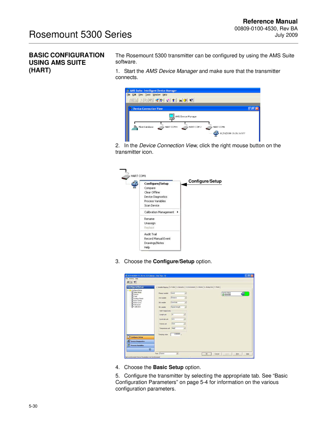 Emerson Process Management 5300 manual Basic Configuration Using AMS Suite Hart, Configure/Setup 