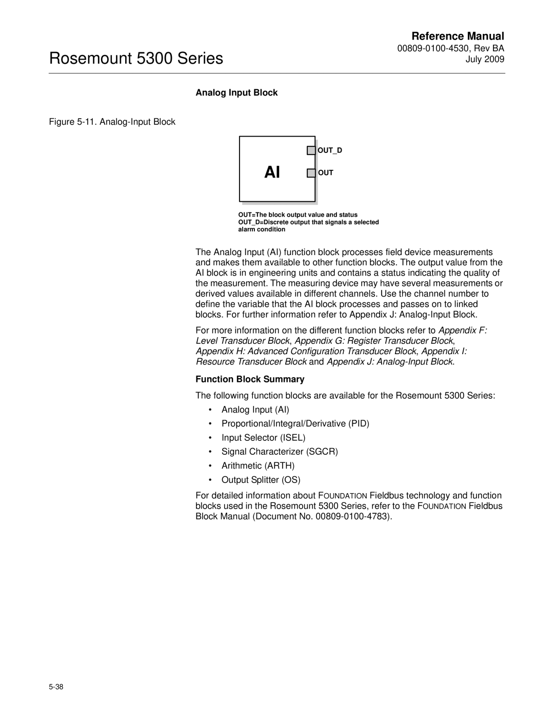 Emerson Process Management 5300 manual Analog Input Block, Function Block Summary, Outd 